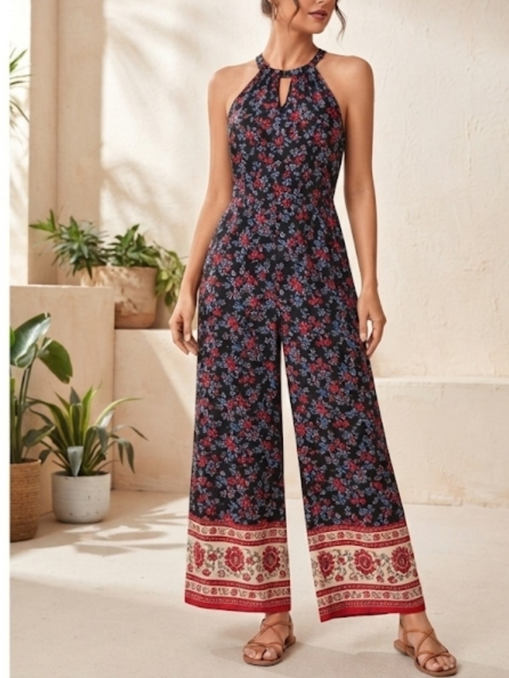 Full-Body Floral Halter Jumpsuit with Built-In Shorts Sz Xs